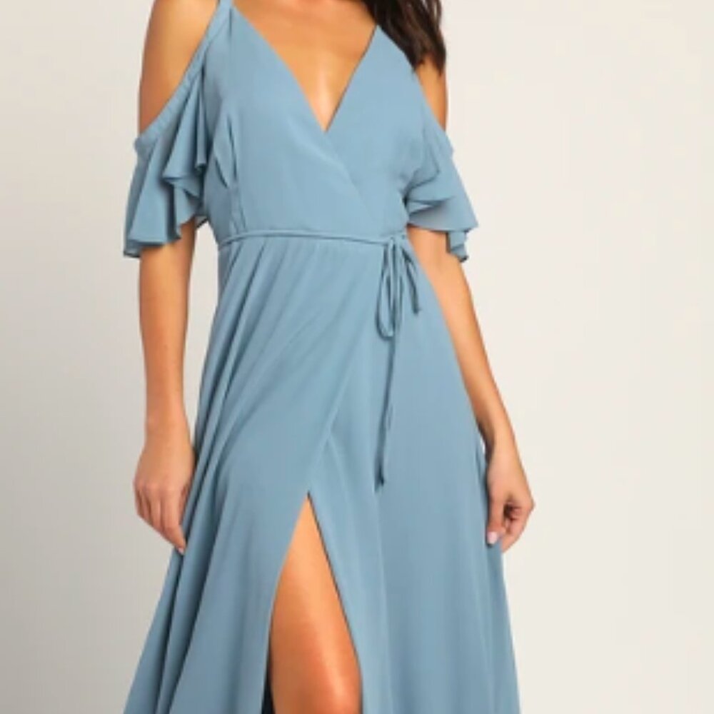 Lulus Blue Wrap Maxi Dress w Off the Shoulders Sleeves in Size XXS